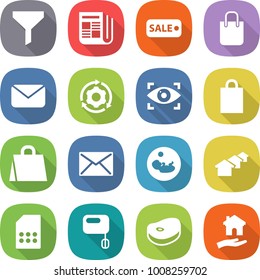flat vector icon set - funnel vector, newspaper, sale, shopping bag, mail, around gear, eye identity, pregnancy, houses, sim card, mixer, steake, housing