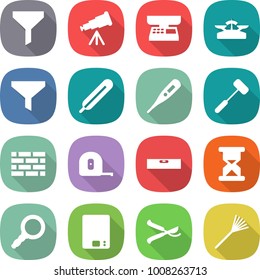 flat vector icon set - funnel vector, telescope, market scales, medical thermometer, doctors hammer, brick wall, measuring tape, level, sand clock, magnifier, kitchen, pruner, rake