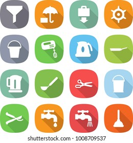 flat vector icon set - funnel vector, insurance, baggage get, handwheel, bucket, mixer, kettle, pan, ladle, scissors, pruner, water tap, plunger