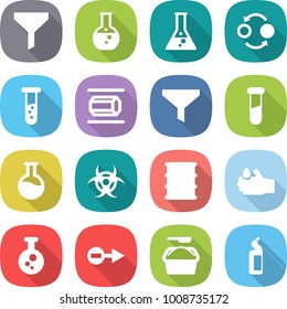 flat vector icon set - funnel vector, round flask, quantum bond, vial, nano tube, test, biohazard, barrel, acid, chemical, electron, washing powder, toilet cleanser
