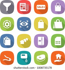 flat vector icon set - funnel vector, newspaper, sale, shopping bag, around gear, eye identity, houses, fridge, sim card, walnut crack, mixer, steake, housing