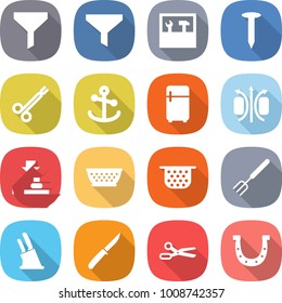 flat vector icon set - funnel vector, tools, nail, surgical clamp, anchor, fridge, magnetic field, press, colander, big fork, knife holder, scissors, horseshoe
