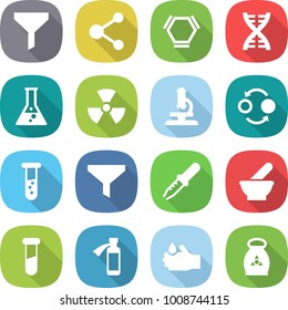 flat vector icon set - funnel vector, molecule, hex, dna, flask, nuclear, microscope, quantum bond, vial, pipette, mortar, test, potion bottle, acid, fertilizer