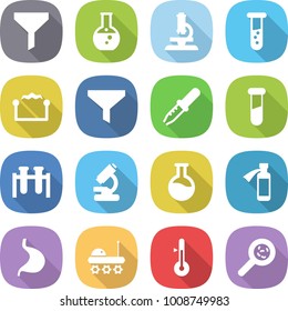 flat vector icon set - funnel vector, round flask, microscope, vial, electrostatic, pipette, test, potion bottle, stomach, lunar rover, thermometer, viruses