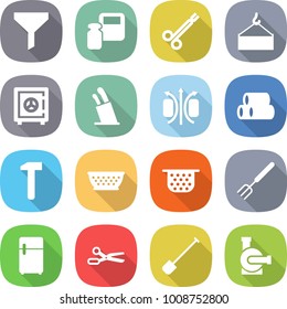 flat vector icon set - funnel vector, scales weight, surgical clamp, loading crane, safe, stands for knives, magnetic field, pipes, hammer, colander, big fork, fridge, scissors, shovel, water pump