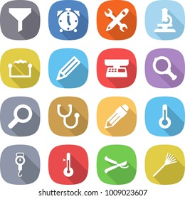flat vector icon set - funnel vector, alarm clock, pencil wrench, microscope, electrostatic, market scales, magnifier, stethoscope, thermometer, handle, pruner, rake