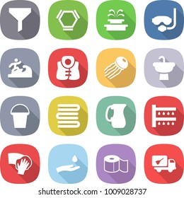 flat vector icon set - funnel vector, hex molecule, fountain, diving mask, surfer, life vest, jellyfish, sink, bucket, towels, jug, watering, wiping, hand and drop, toilet paper, home call cleaning