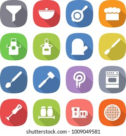flat vector icon set - funnel vector, cauldron, pan, chief hat, apron, cook glove, spatula, big spoon, meat hammer, elecric oven, blender, salt pepper, food processor, sieve