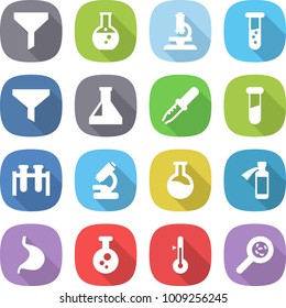 flat vector icon set - funnel vector, round flask, microscope, vial, pipette, test, potion bottle, stomach, chemical, thermometer, viruses