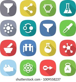 flat vector icon set - funnel vector, molecule, hex, flask, round around, quantum bond, pipette, mortar, test vial, virus, acid, atom, electron, fertilizer