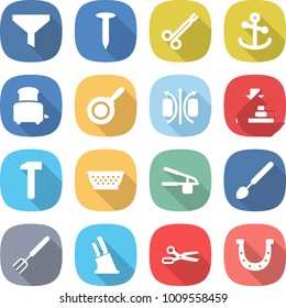 flat vector icon set - funnel vector, nail, surgical clamp, anchor, toaster, pan, magnetic field, press, hammer, colander, garlic clasp, big spoon, fork, knife holder, scissors, horseshoe