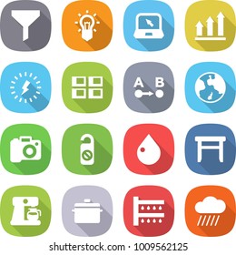 flat vector icon set - funnel vector, bulb, notebook, graph up, lightning, panel house, route a to b, earth, camera, do not distrub, drop, stool, coffee maker, pan, watering, rain cloud