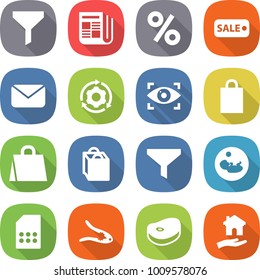 flat vector icon set - funnel vector, newspaper, percent, sale, mail, around gear, eye identity, shopping bag, pregnancy, sim card, walnut crack, steake, housing