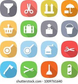 flat vector icon set - funnel vector, scissors, cargo top sign, insurance, basket, suitcase, baggage, bucket, pan, hand mill, axe, pruner, plunger, please clean
