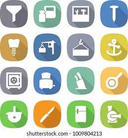 flat vector icon set - funnel vector, scales weight, tools, nail, tooth implant, loading, crane, anchor, safe, toaster, stands for knives, pan, ladle, knife, fridge, water pump