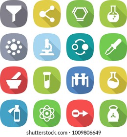 flat vector icon set - funnel vector, molecule, hex, round flask, around, microscope, quantum bond, pipette, mortar, test vial, potion bottle, atom, electron, fertilizer