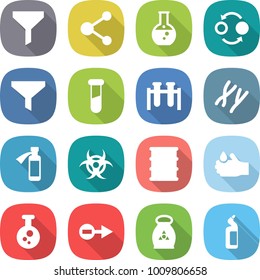 flat vector icon set - funnel vector, molecule, round flask, quantum bond, test vial, chromosomes, potion bottle, biohazard, barrel, acid, chemical, electron, fertilizer, toilet cleanser
