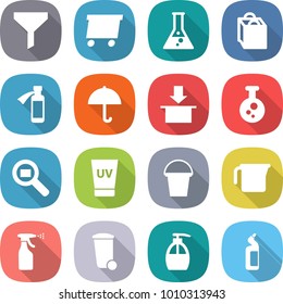 flat vector icon set - funnel vector, delivery, flask, shopping bag, potion bottle, dry cargo, package, chemical, search, uv cream, bucket, measuring cup, sprayer, trash bin, liquid soap
