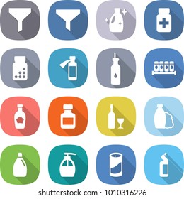 flat vector icon set - funnel vector, cleanser, pills bottle, potion, vegetable oil, spices, ketchup, wine, shampoo, liquid soap, powder, toilet