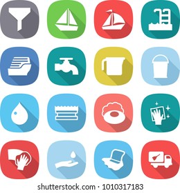 flat vector icon set - funnel vector, boat, sail, pool, cruise ship, water tap, measuring cup, bucket, drop, sponge, soap, wiping, hand and, floor washing, home call cleaning