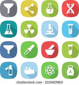 flat vector icon set - funnel vector, molecule, round flask, dna, nuclear, microscope, vial, pipette, mortar, test, potion bottle, acid, atom, fertilizer