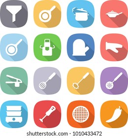 flat vector icon set - funnel vector, pan, steam, apron, cook glove, garlic clasp, whisk, skimmer, double boiler, blender, sieve, hot pepper