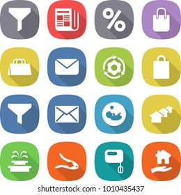 flat vector icon set - funnel vector, newspaper, percent, shopping bag, mail, around gear, pregnancy, houses, fountain, walnut crack, mixer, housing