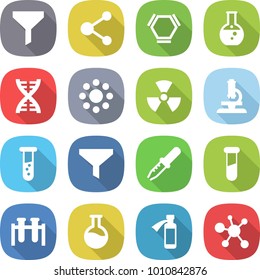 flat vector icon set - funnel vector, molecule, hex, round flask, dna, around, nuclear, microscope, vial, pipette, test, potion bottle, virus