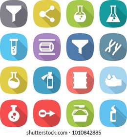 flat vector icon set - funnel vector, molecule, round flask, vial, nano tube, chromosomes, potion bottle, barrel, acid, chemical, electron, washing powder, toilet cleanser