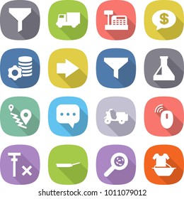 flat vector icon set - funnel vector, truck, cashbox, money message, virtual mining, right arrow, flask, route, sms, scooter shipping, wireless mouse, no signal, pan, viruses, handle washing