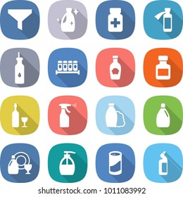 flat vector icon set - funnel vector, cleanser, pills bottle, potion, vegetable oil, spices, ketchup, wine, sprayer, shampoo, dish, liquid soap, powder, toilet