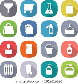 flat vector icon set - funnel vector, delivery, flask, shopping bag, potion bottle, loading crane, package, fridge, bucket, ketchup, barrel, trash bin, liquid soap, washing powder