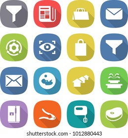 flat vector icon set - funnel vector, newspaper, shopping bag, mail, around gear, eye identity, pregnancy, houses, fountain, fridge, walnut crack, mixer, steake