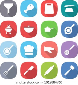 flat vector icon set - funnel vector, chicken leg, cutting board, bbq, cauldron, saute pan, cook hat, glove, skimmer, big fork, chef knife, rolling pin, meat hammer