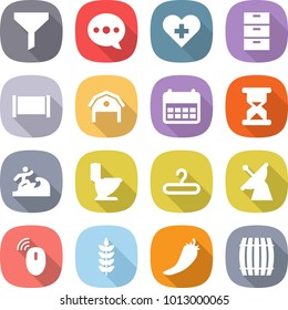 flat vector icon set - funnel vector, balloon, heart cross, archive, fence, barn, calendar, sand clock, surfer, toilet, hanger, satellite antenna, wireless mouse, spike, hot pepper, barrel