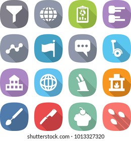 flat vector icon set - funnel vector, globe, report, diagram, graph, flag, message, gyroscooter, cottage, stands for knives, fireplace, big spoon, chef knife, cupcake, seeds
