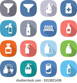 flat vector icon set - funnel vector, cleanser, pills bottle, potion, vegetable oil, spices, ketchup, sprayer, shampoo, dish, liquid soap, powder, toilet