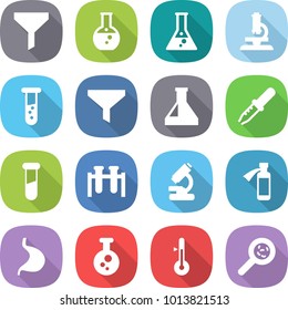 flat vector icon set - funnel vector, round flask, microscope, vial, pipette, test, potion bottle, stomach, chemical, thermometer, viruses