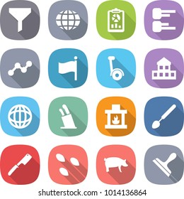 flat vector icon set - funnel vector, globe, report, diagram, graph, flag, gyroscooter, cottage, stands for knives, fireplace, big spoon, chef knife, seeds, pig, scraper