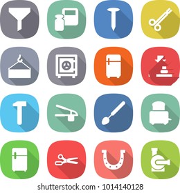 flat vector icon set - funnel vector, scales weight, nail, surgical clamp, loading crane, safe, fridge, press, hammer, garlic clasp, big spoon, toaster, scissors, horseshoe, water pump