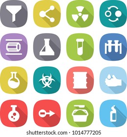 flat vector icon set - funnel vector, molecule, nuclear, quantum bond, nano tube, flask, test vial, biohazard, barrel, acid, chemical, electron, washing powder, toilet cleanser