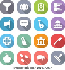 flat vector icon set - funnel vector, globe, report, diagram, flag, message, gyroscooter, cottage, stands for knives, fireplace, chef knife, cupcake, seeds, pig, scraper