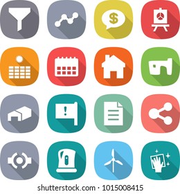 flat vector icon set - funnel vector, graph, money message, presentation, sun power, calendar, home, slum, warehouse, important flag, document, share, connect, kettle, windmill, wiping