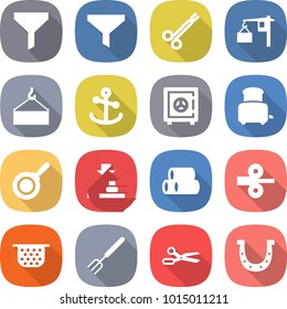 flat vector icon set - funnel vector, surgical clamp, loading, crane, anchor, safe, toaster, pan, press, pipes, metal rolling, colander, big fork, scissors, horseshoe