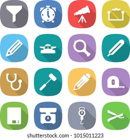 flat vector icon set - funnel vector, alarm clock, telescope, electrostatic, pencil, scales, magnifier, medical thermometer, stethoscope, doctors hammer, measuring tape, kitchen, handle, pruner
