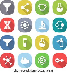 flat vector icon set - funnel vector, molecule, hex, round flask, dna, around, microscope, quantum bond, test vial, potion bottle, virus, acid, atom, electron