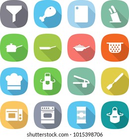flat vector icon set - funnel vector, chicken leg, cutting board, stands for knives, saute pan, colander, cook hat, apron, garlic clasp, spatula, grill oven, pasta