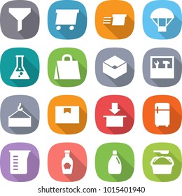 flat vector icon set - funnel vector, delivery, parachute, flask, shopping bag, box, tools, loading crane, package, fridge, measuring cup, ketchup, cleanser, washing powder