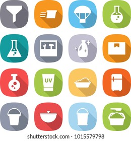 flat vector icon set - funnel vector, delivery, parachute, round flask, tools, cleanser, package box, chemical, uv cream, washing, fridge, bucket, cauldron, powder