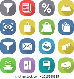 flat vector icon set - funnel vector, newspaper, percent, shopping bag, eye identity, mail, pregnancy, houses, fountain, fridge, mixer, steake